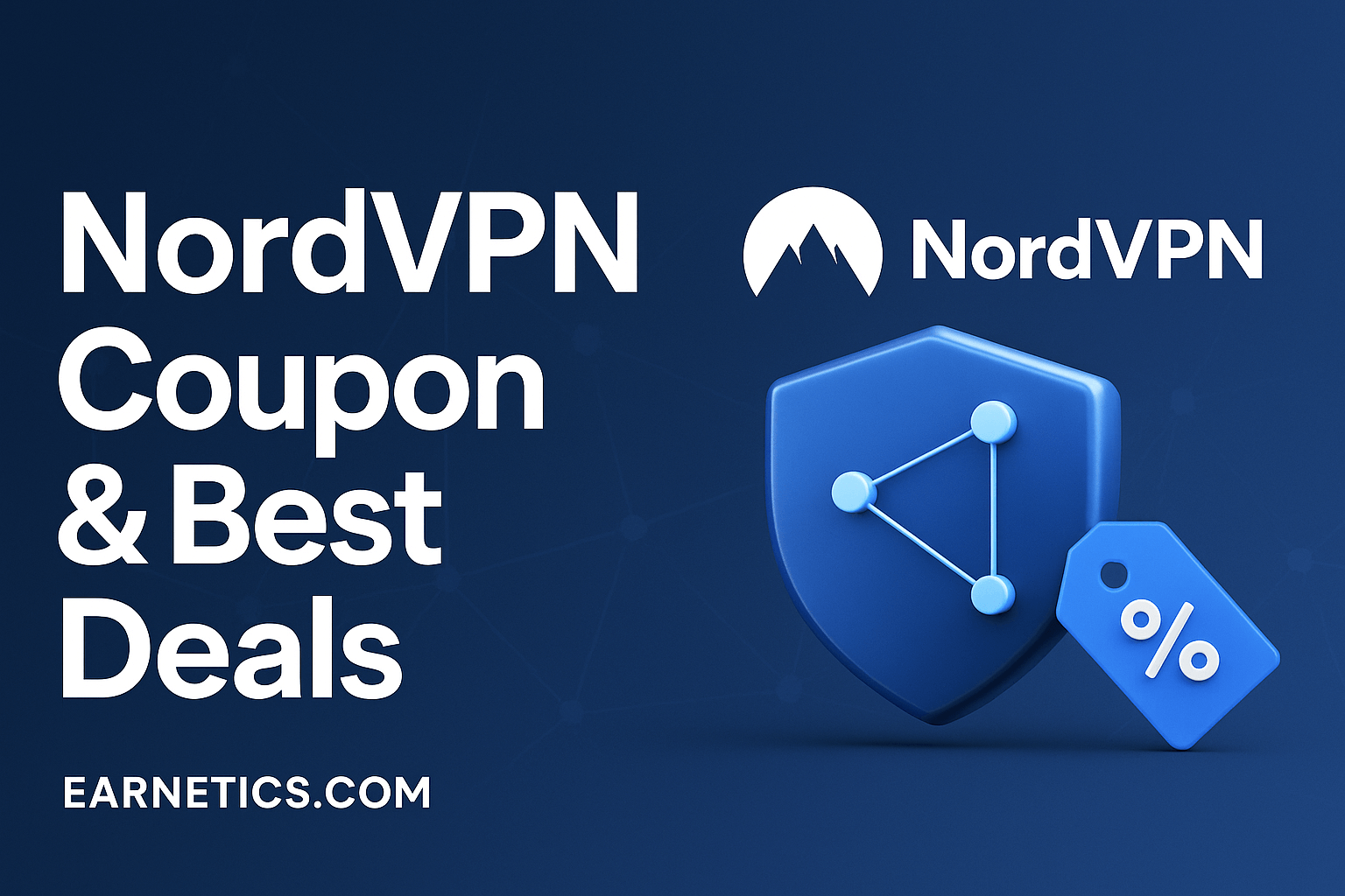 Blue 3D shield with connected nodes and a percentage tag - hero graphic for a NordVPN coupon guide
