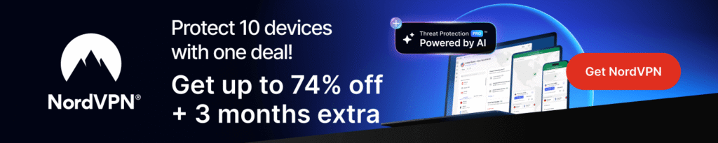 NordVPN coupon and best deals cover image - bold white headline on blue background with shield, network nodes, and discount tag