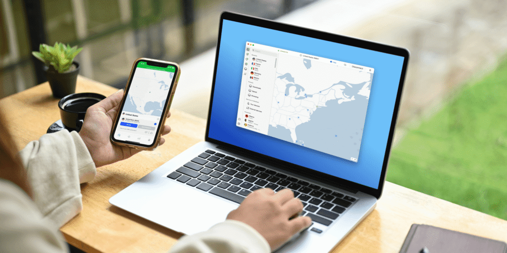 Clean blue gradient banner - big title NordVPN coupon and best deals